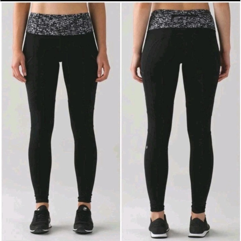 Lululemon Fresh Tracks Tight Black Waistband Full Length Leggings Sz 8 Mid-rise
